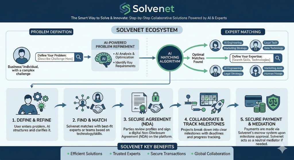 Solvenet 탈중앙화 비즈니스 아키텍처 — AI 매칭, 에스크로, 협업, 결제 흐름 인포그래픽